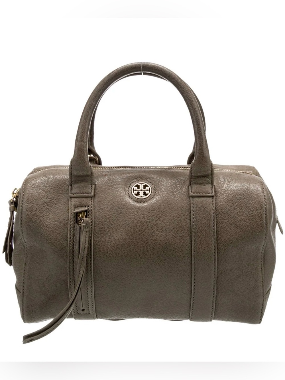 Tory Burch Taupe Pebbled Leather Satchel with Logo
